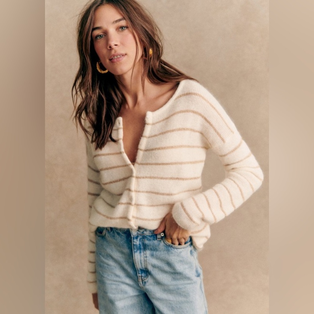 Sezane Cream and Tan Striped Knit Cardigan